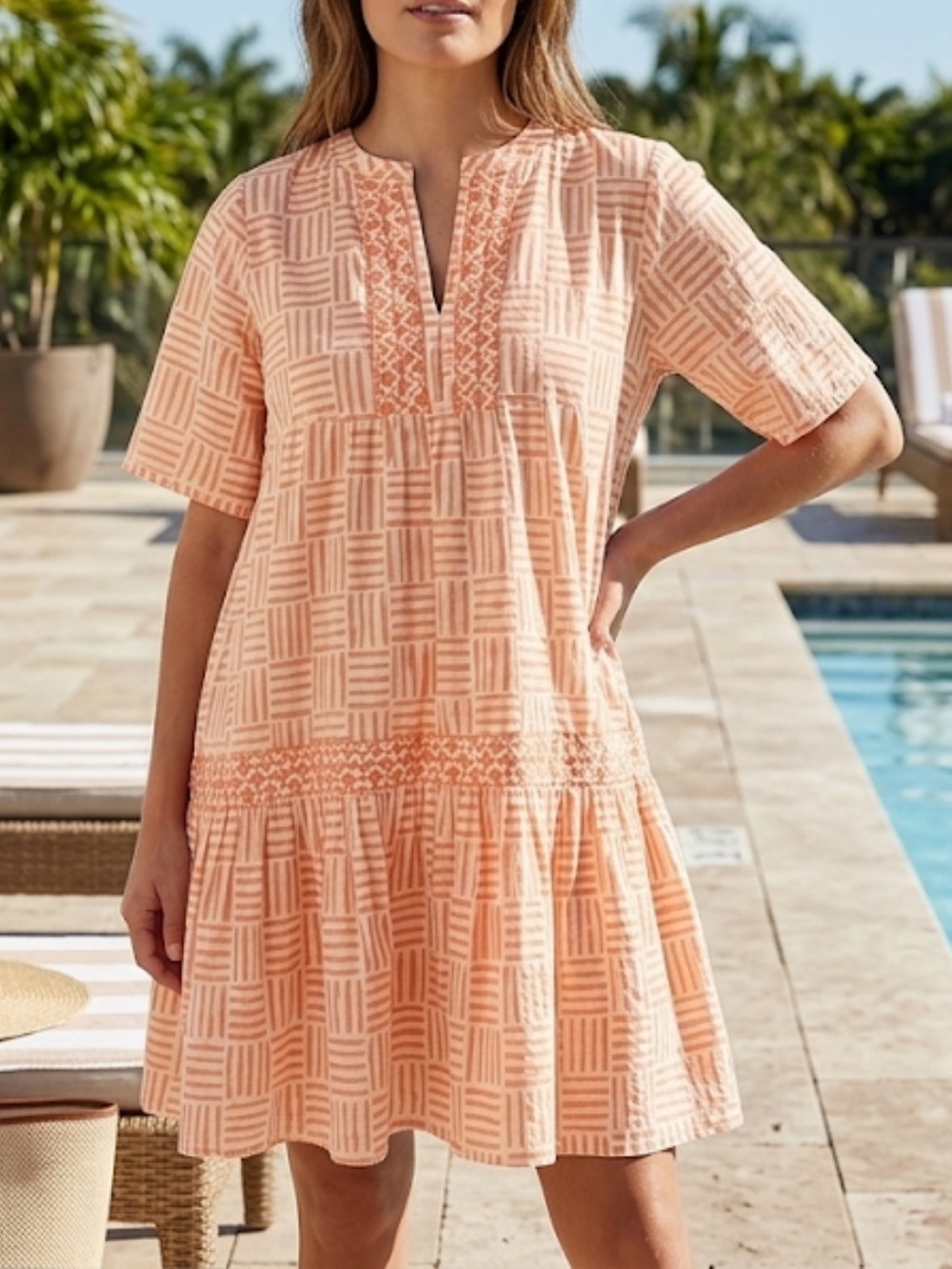 Marea Tiki Dress Cotton Tiered Peach Babydoll Dress XS